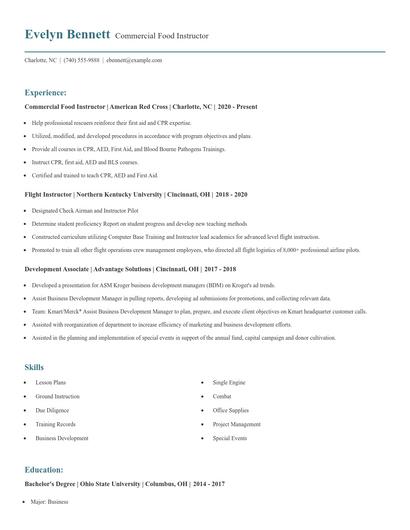 Commercial Food Instructor Resume