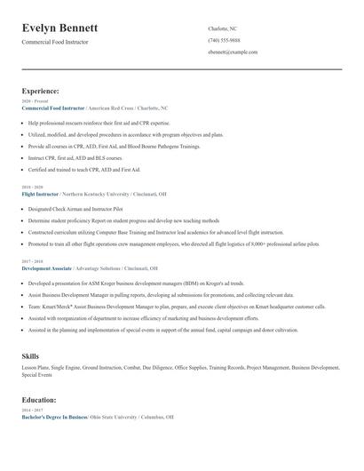 Commercial Food Instructor Resume