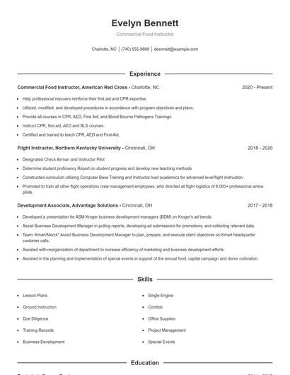 Commercial Food Instructor Resume
