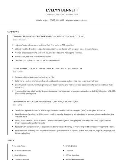 Commercial Food Instructor Resume