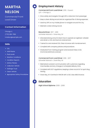 Commercial Front Load Driver Resume