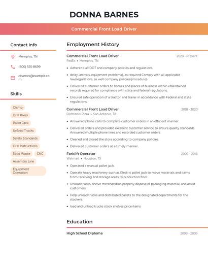 Commercial Front Load Driver Resume