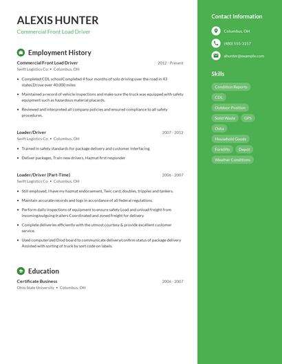 Commercial Front Load Driver Resume