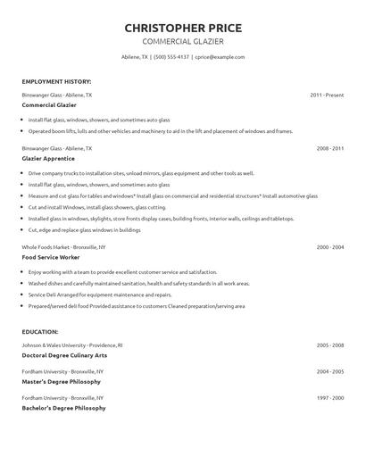 Commercial Glazier Resume