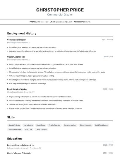 Commercial Glazier Resume