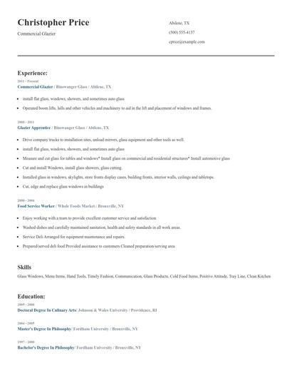 Commercial Glazier Resume
