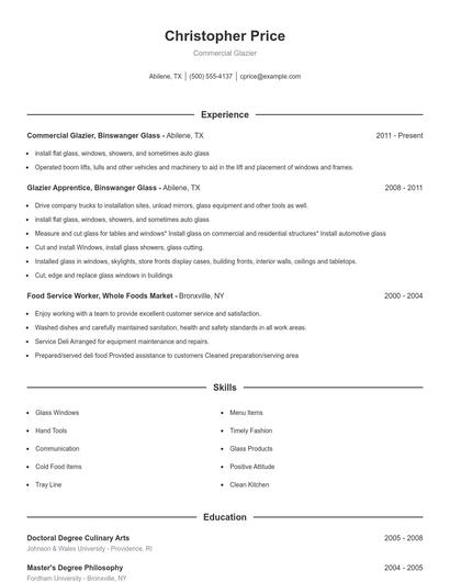 Commercial Glazier Resume