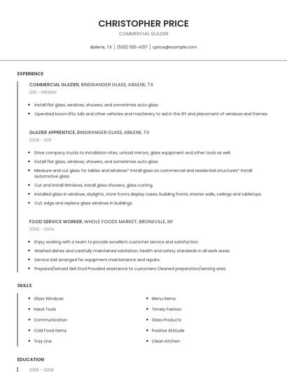 Commercial Glazier Resume