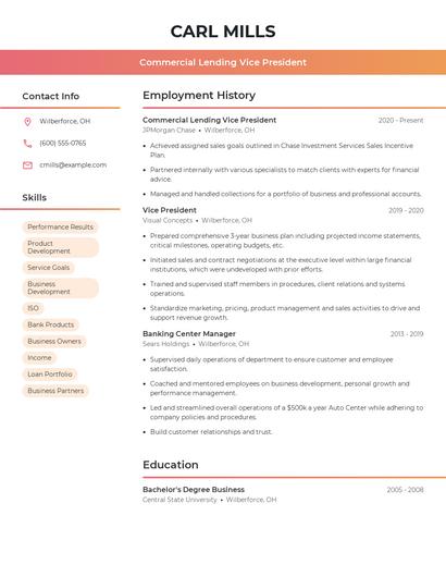 Commercial Lending Vice President Resume