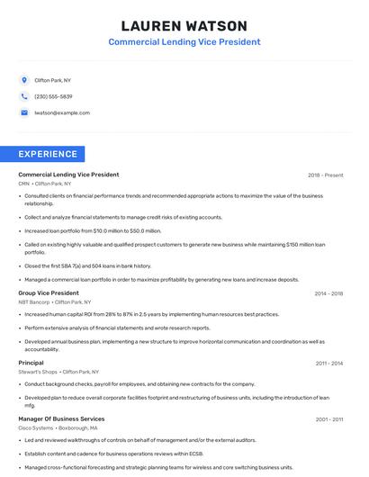 Commercial Lending Vice President Resume