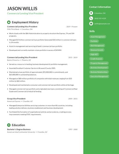 Commercial Lending Vice President Resume