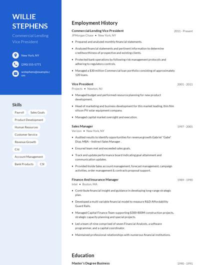 Commercial Lending Vice President Resume