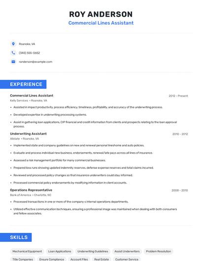 Commercial Lines Assistant Resume