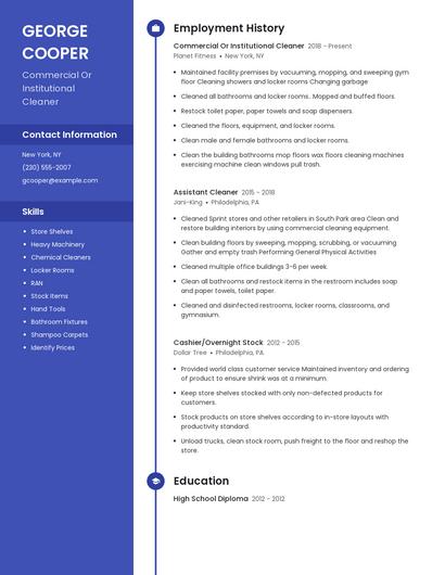 Commercial Or Institutional Cleaner Resume