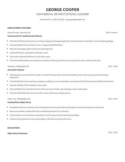 Commercial Or Institutional Cleaner Resume