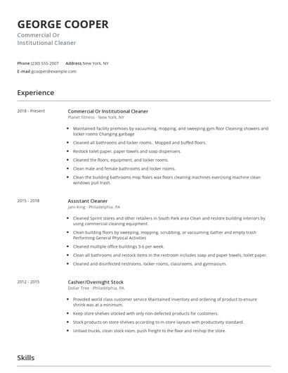 Commercial Or Institutional Cleaner Resume
