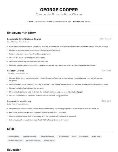 Commercial Or Institutional Cleaner Resume