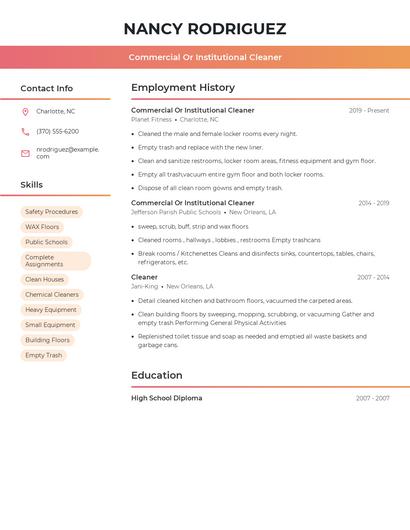 Commercial Or Institutional Cleaner Resume