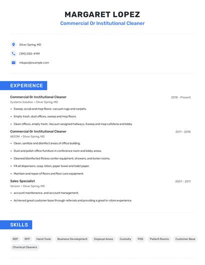 Commercial Or Institutional Cleaner Resume