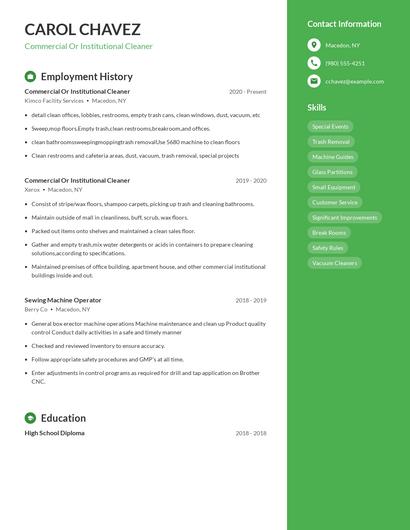 Commercial Or Institutional Cleaner Resume