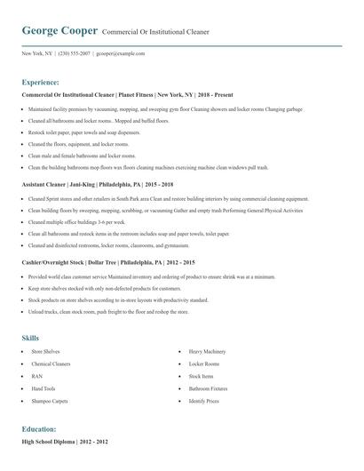 Commercial Or Institutional Cleaner Resume