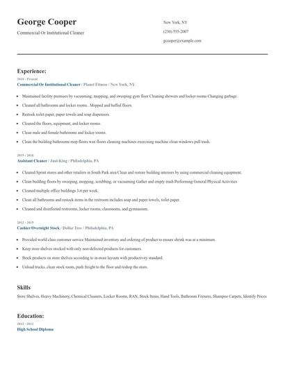 Commercial Or Institutional Cleaner Resume