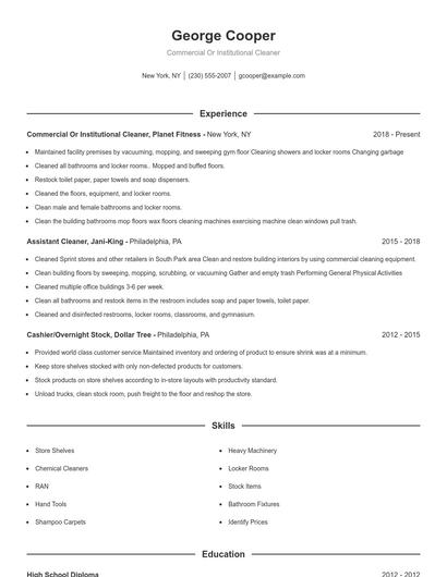 Commercial Or Institutional Cleaner Resume
