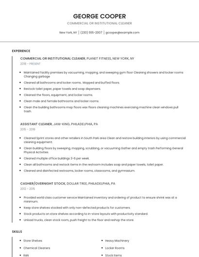 Commercial Or Institutional Cleaner Resume