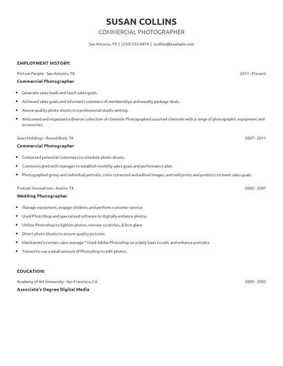 Commercial Photographer Resume