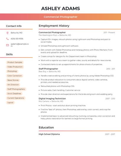 Commercial Photographer Resume