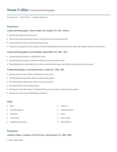 Commercial Photographer Resume