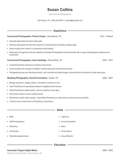 Commercial Photographer Resume