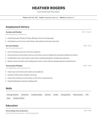 Commercial Plumber Resume