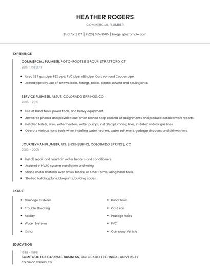 Commercial Plumber Resume