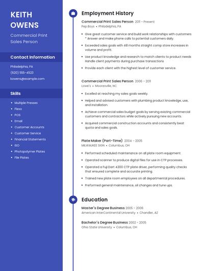 Commercial Print Sales Person Resume