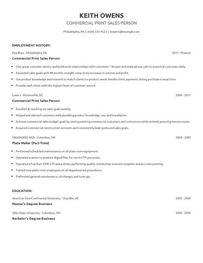 Commercial Print Sales Person Resume