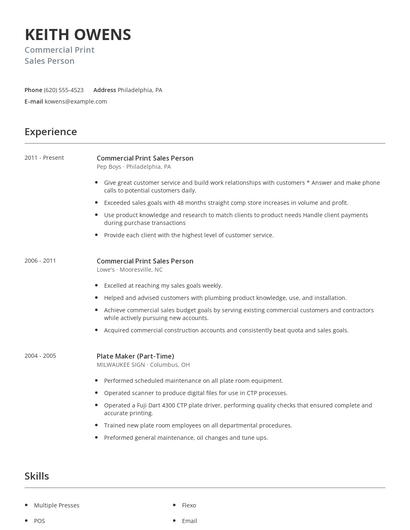 Commercial Print Sales Person Resume