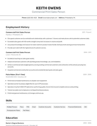 Commercial Print Sales Person Resume