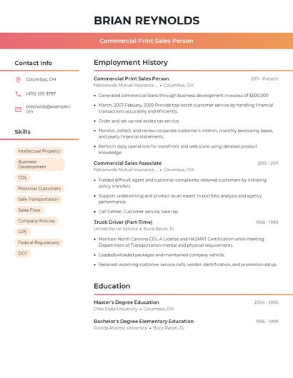 Commercial Print Sales Person Resume