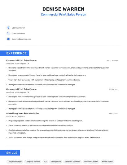 Commercial Print Sales Person Resume