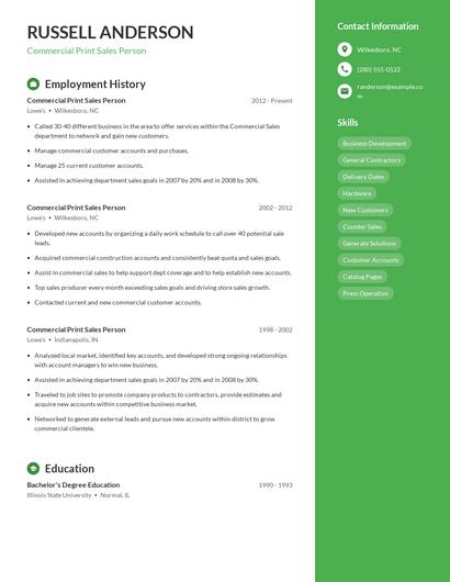 Commercial Print Sales Person Resume