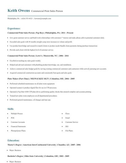 Commercial Print Sales Person Resume