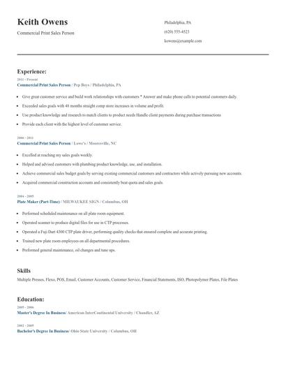 Commercial Print Sales Person Resume