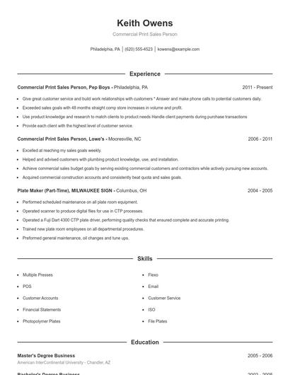 Commercial Print Sales Person Resume