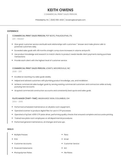 Commercial Print Sales Person Resume