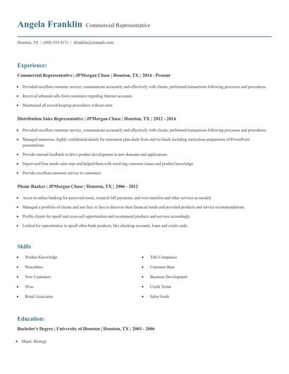 Commercial Representative Resume
