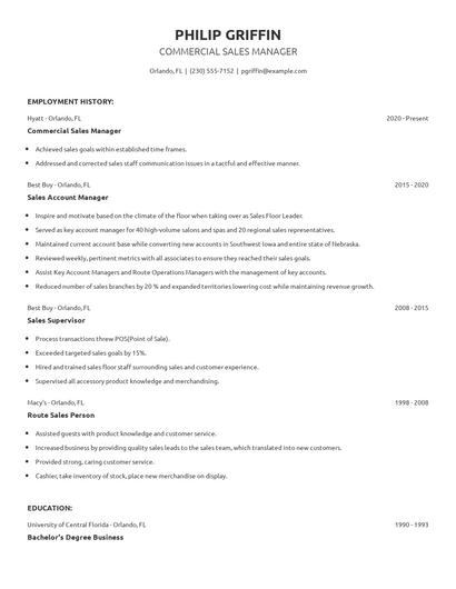 Commercial Sales Manager Resume
