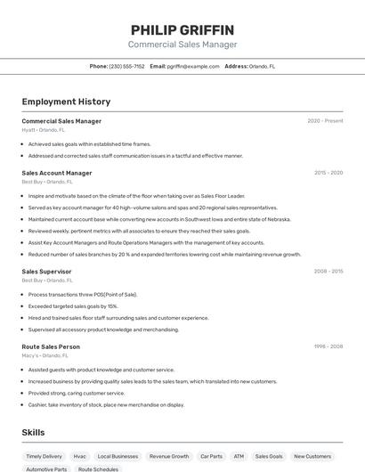 Commercial Sales Manager Resume