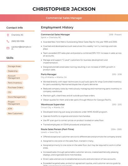 Commercial Sales Manager Resume