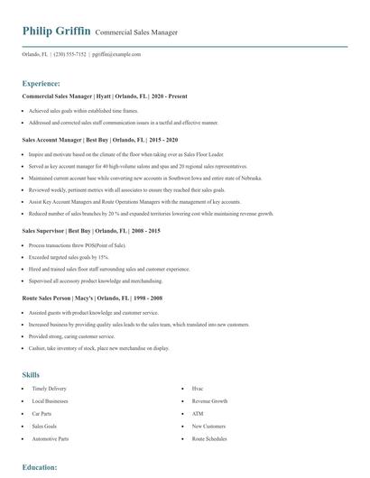 Commercial Sales Manager Resume